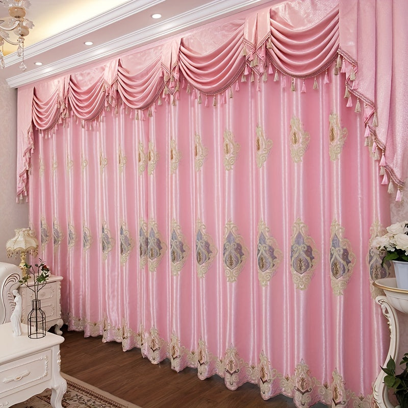 Cortina bordada rosa de estilo europeo de lujo con estampados florales dorados.