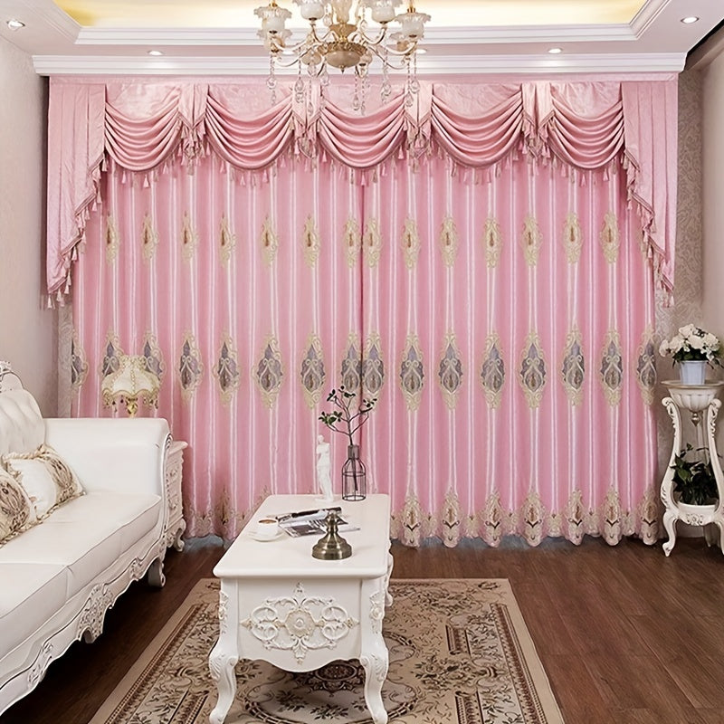 Cortina bordada rosa de estilo europeo de lujo con estampados florales dorados.