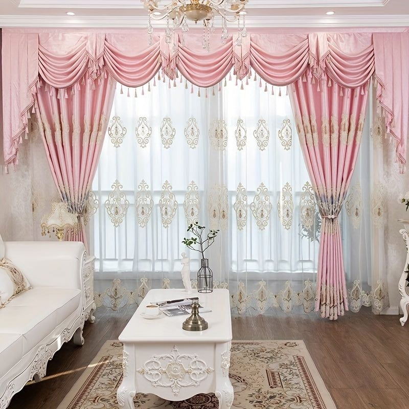 Cortina bordada rosa de estilo europeo de lujo con estampados florales dorados.