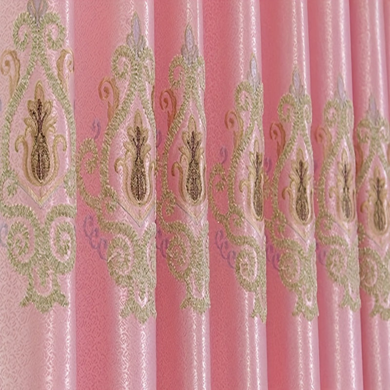 Cortina bordada rosa de estilo europeo de lujo con estampados florales dorados.