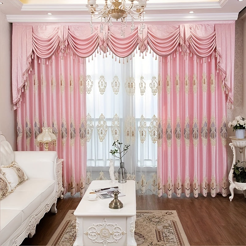 Cortina bordada rosa de estilo europeo de lujo con estampados florales dorados.
