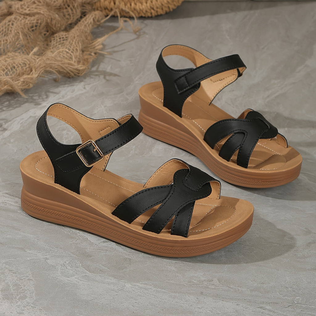 Sandalias negras elegantes de tiras para mujer con plataforma gruesa
